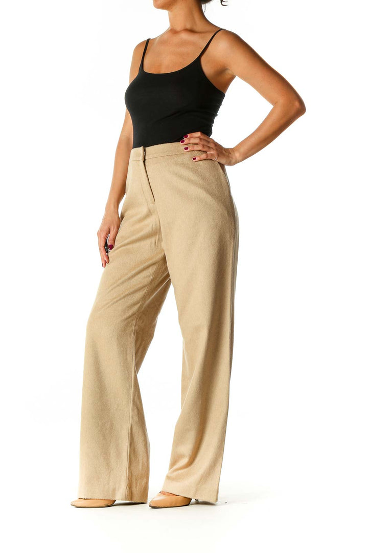 Beige Textured Classic Palazzo Pants