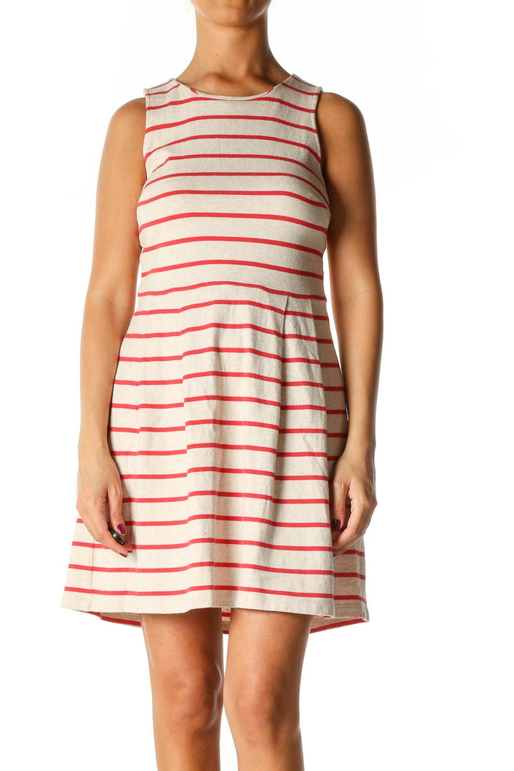 Beige Striped Casual A-Line Dress