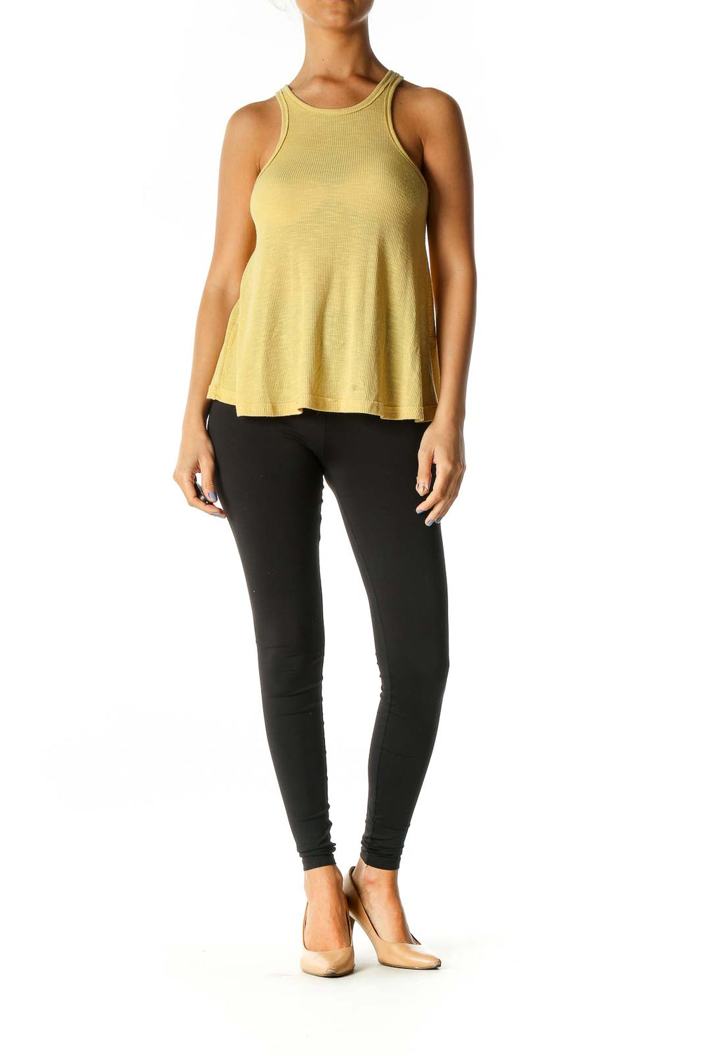 Front view of yellow ribbed racerback tank top from Free People