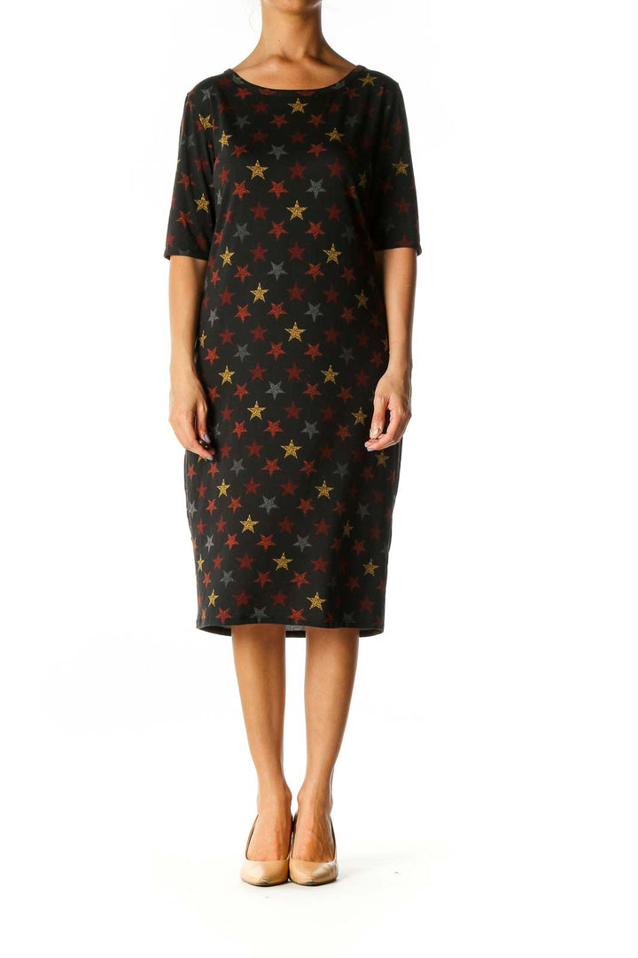 Black Object Print Casual Shift Dress