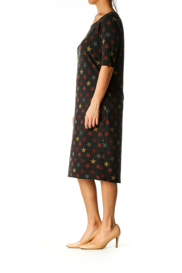 Black Object Print Casual Shift Dress