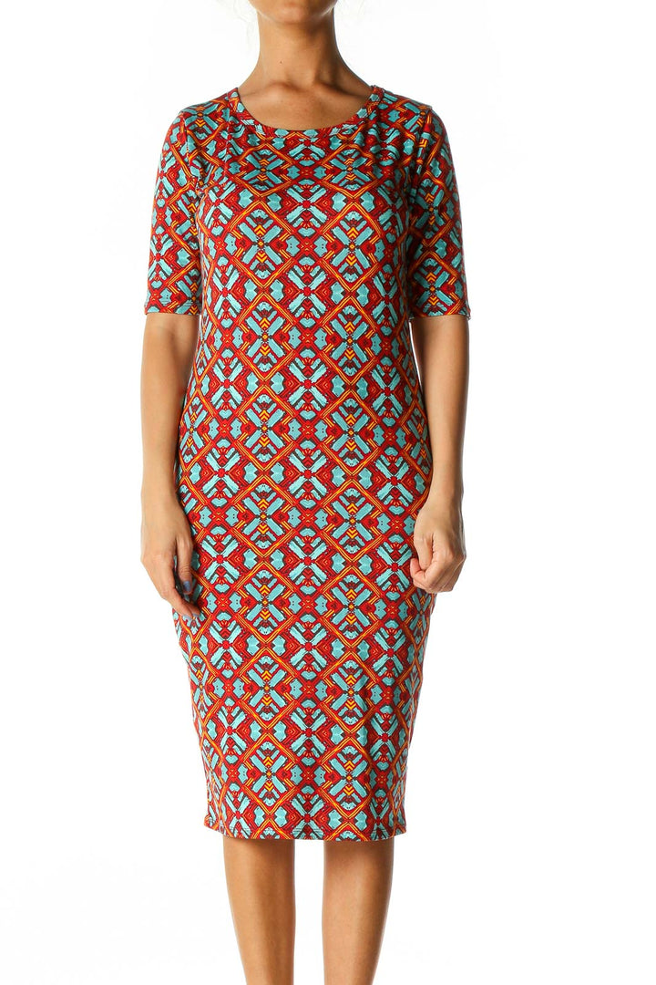 Red Geometric Print Casual Shift Dress