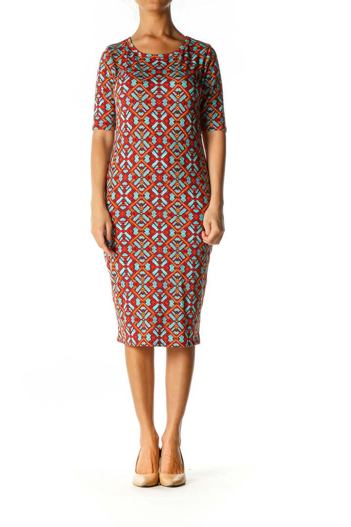 Red Geometric Print Casual Shift Dress