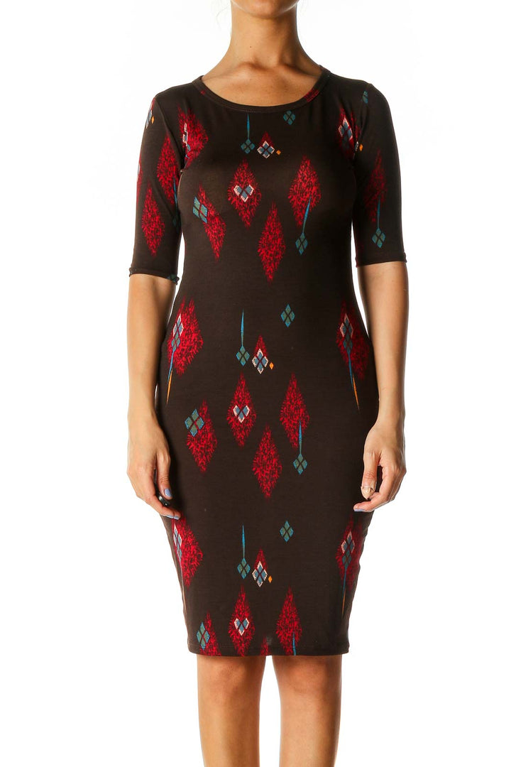 Brown Graphic Print Day Sheath Dress