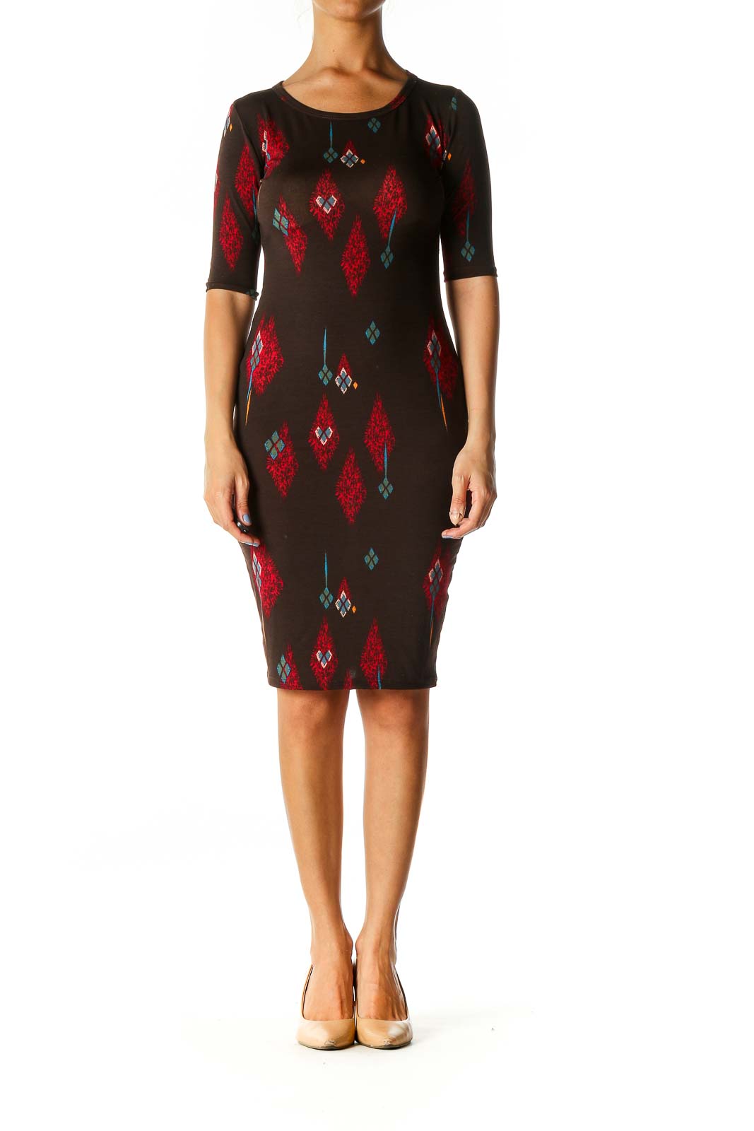 Brown Graphic Print Day Sheath Dress