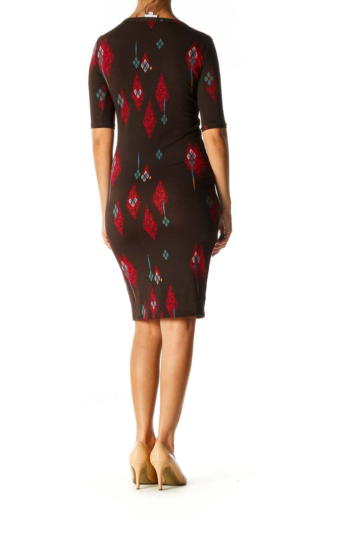 Brown Graphic Print Day Sheath Dress