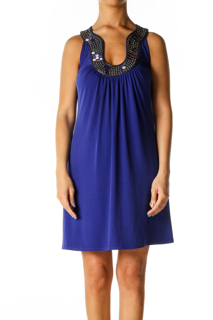 Blue Solid Bohemian Shift Dress