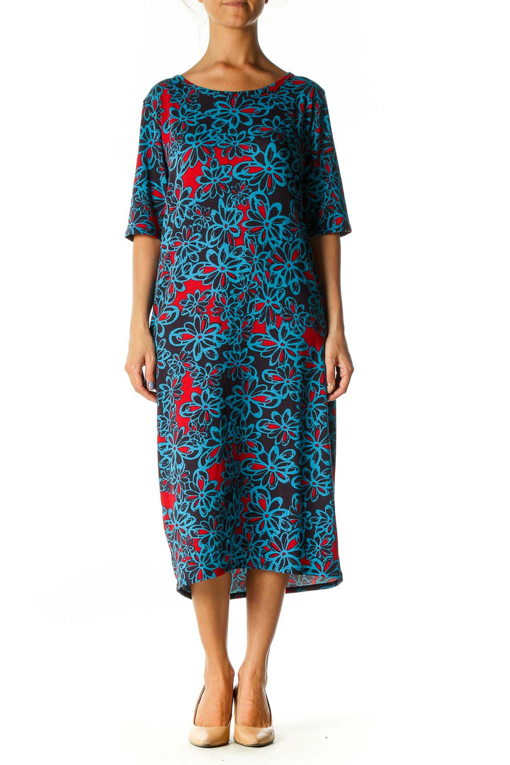 Blue Floral Print Holiday Shift Dress