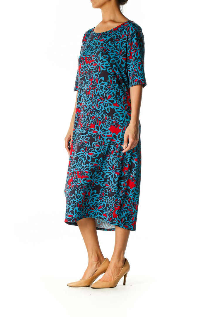 Blue Floral Print Holiday Shift Dress