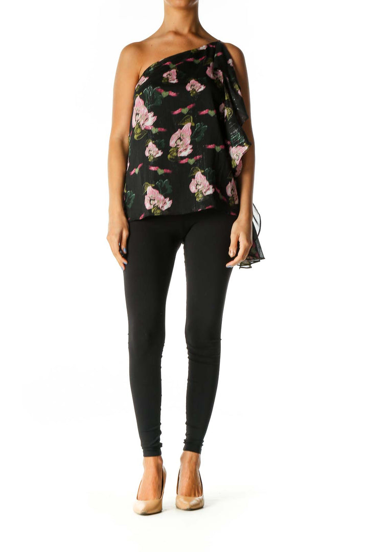 Black Floral Print Casual Blouse