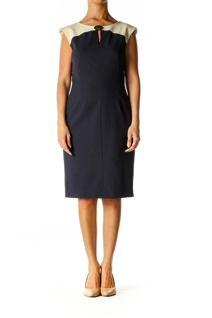 Blue Solid Work Shift Dress