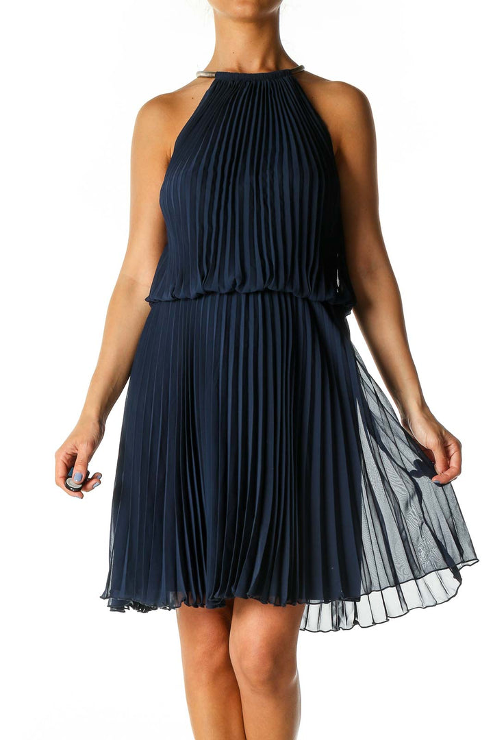 Blue Solid Cocktail A-Line Dress