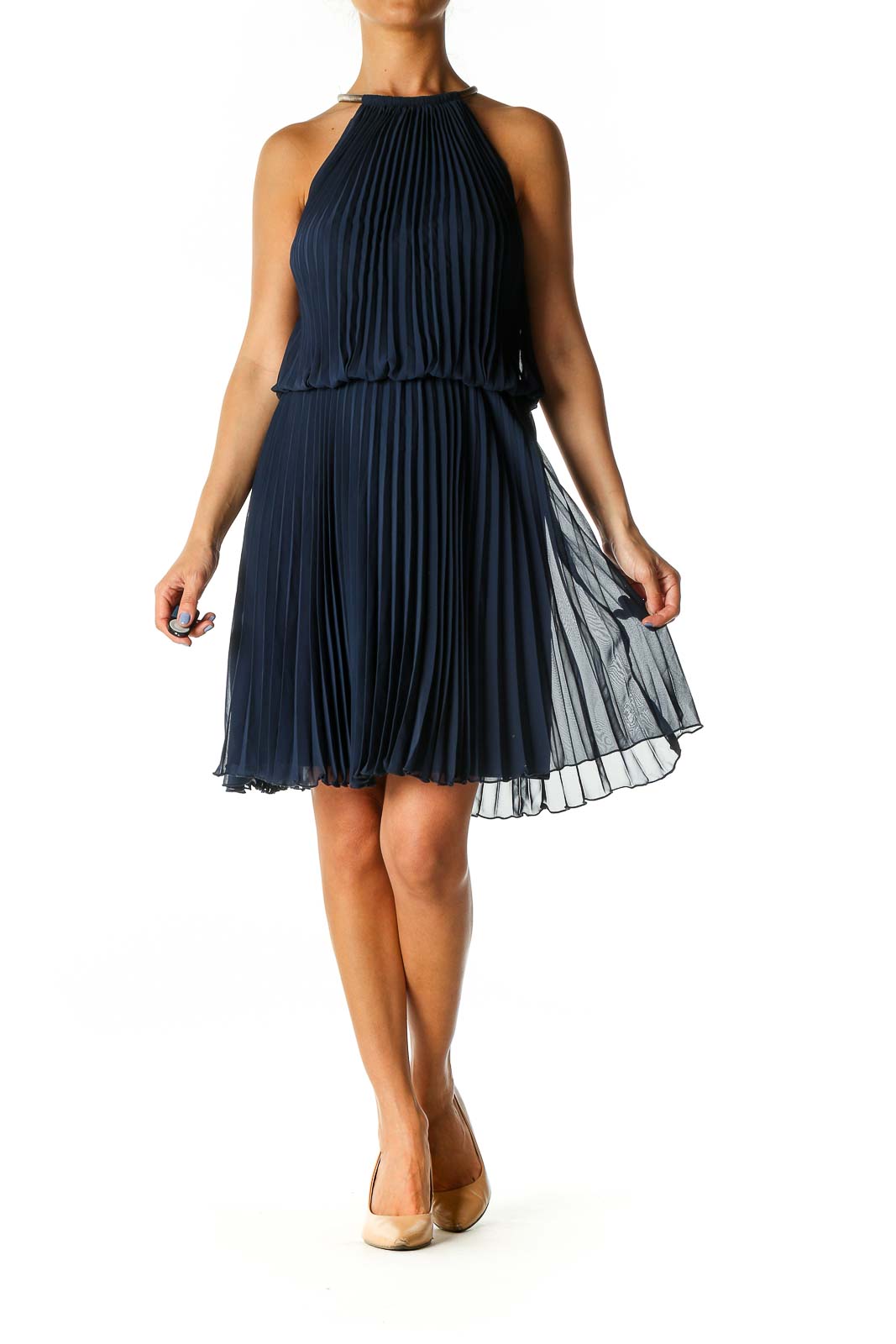 Blue Solid Cocktail A-Line Dress