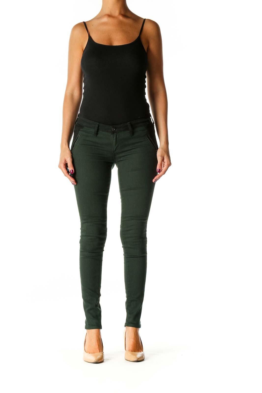 Green Black Solid Chic Skinny Pants