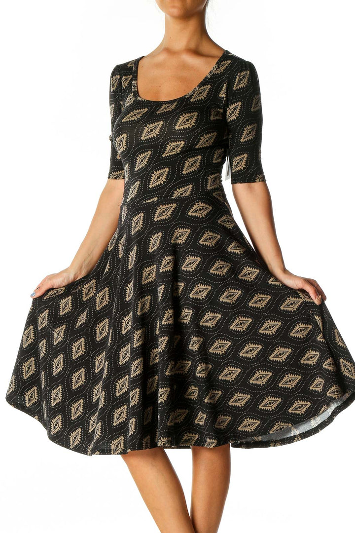 Black Geometric Print Casual Fit & Flare Dress