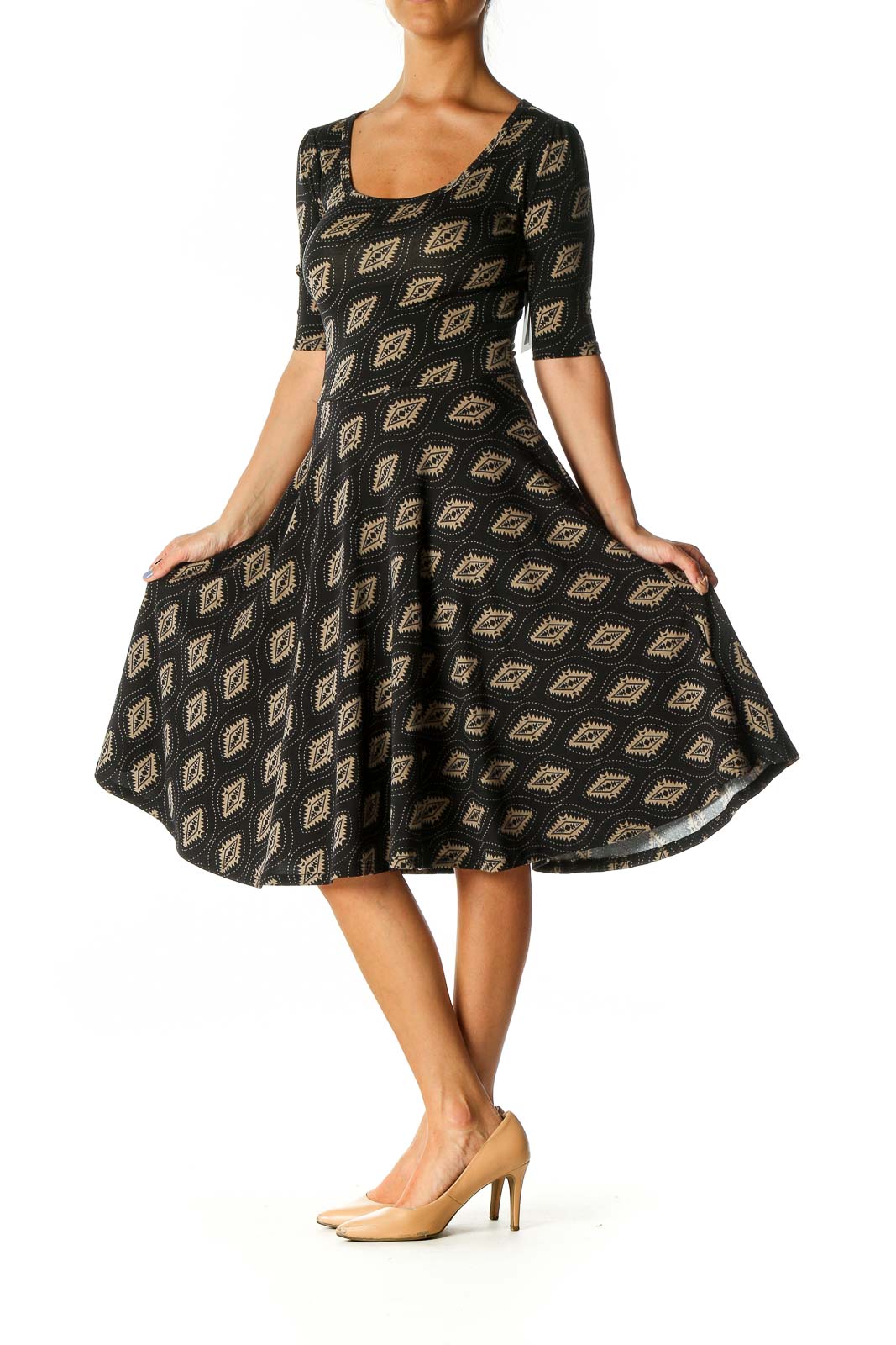 Black Geometric Print Casual Fit & Flare Dress