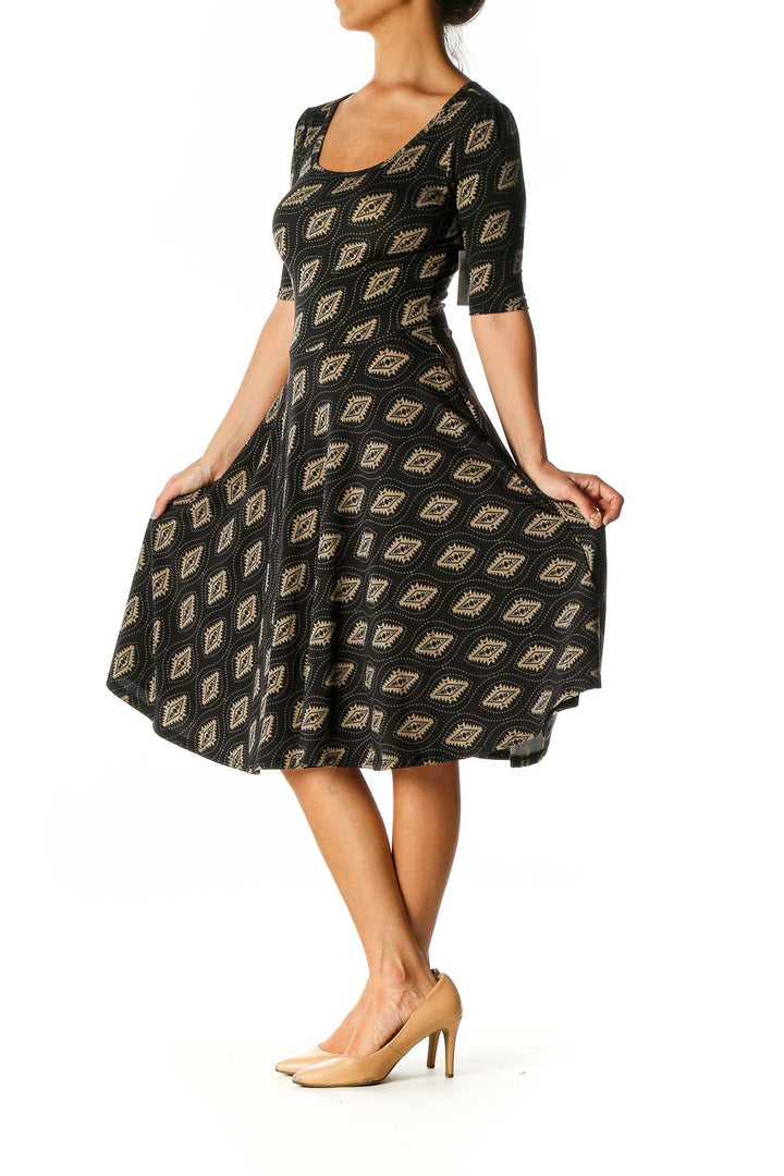 Black Geometric Print Casual Fit & Flare Dress