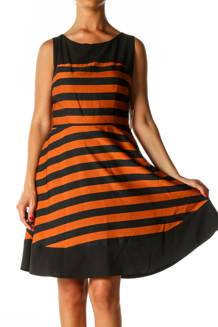 Orange Striped Casual A-Line Dress