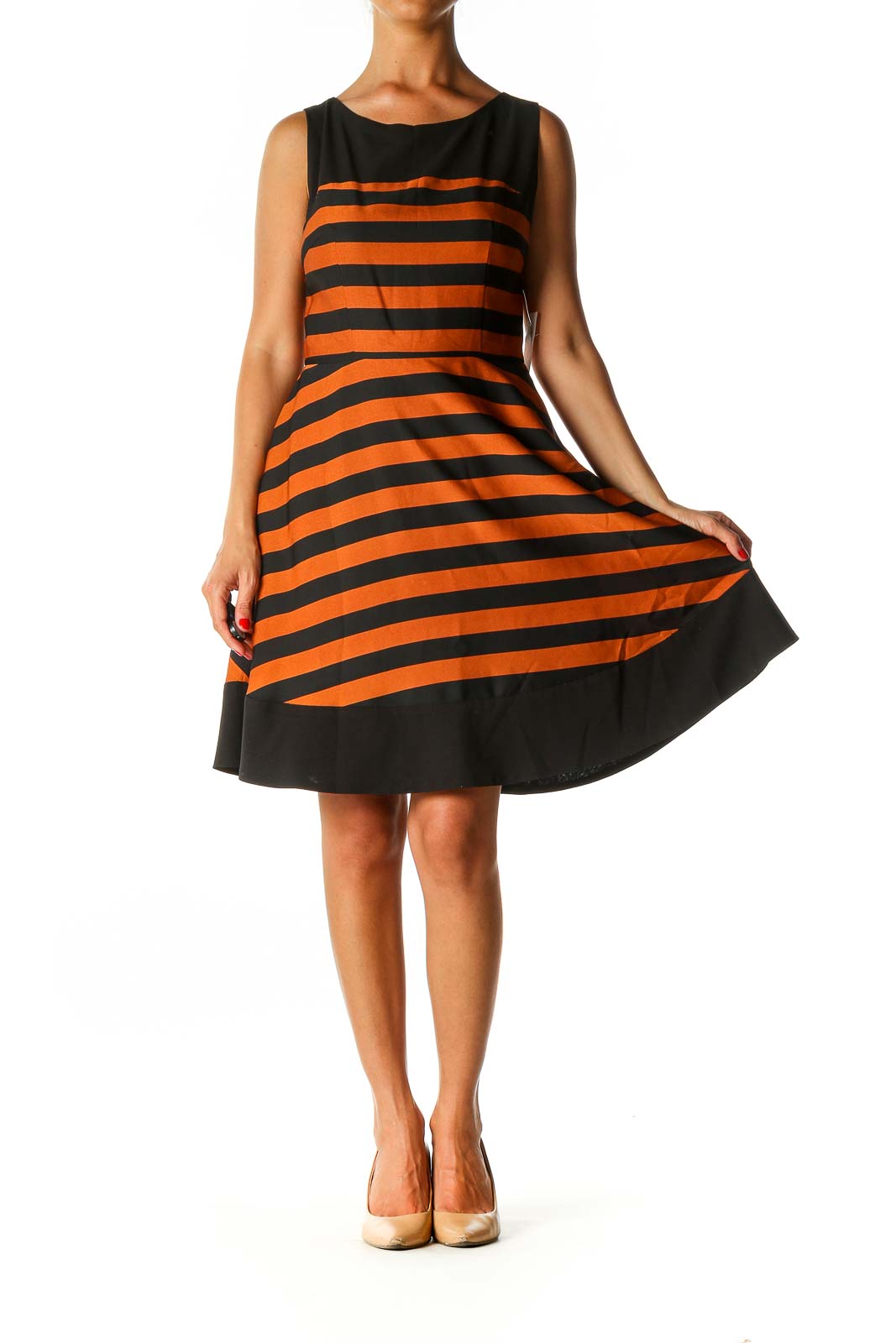 Orange Striped Casual A-Line Dress