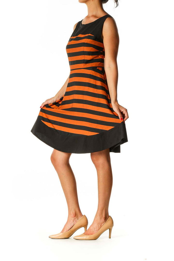 Orange Striped Casual A-Line Dress