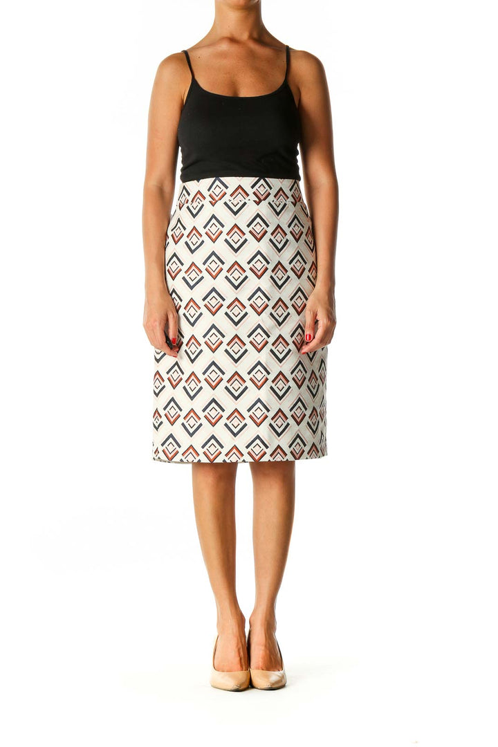 White Geometric Print Brunch Straight Skirt