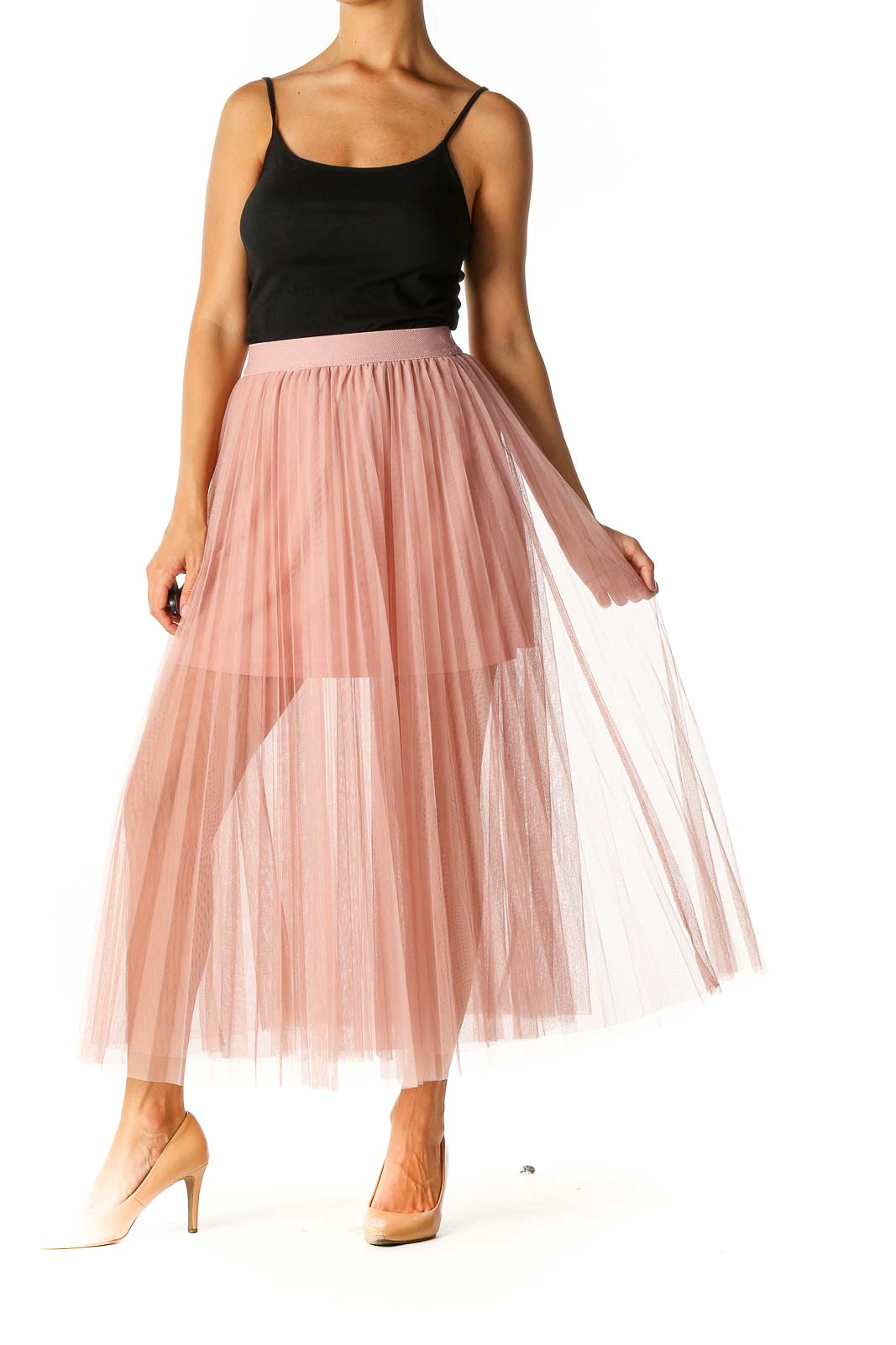 Pink Solid Party Pleated Skirt