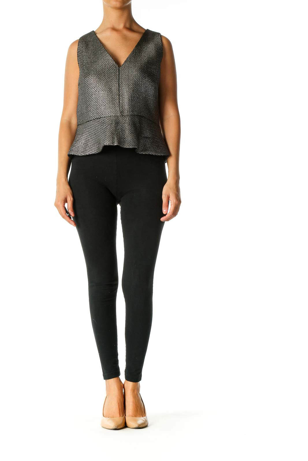 Black Metallic Structured Peplum Blouse