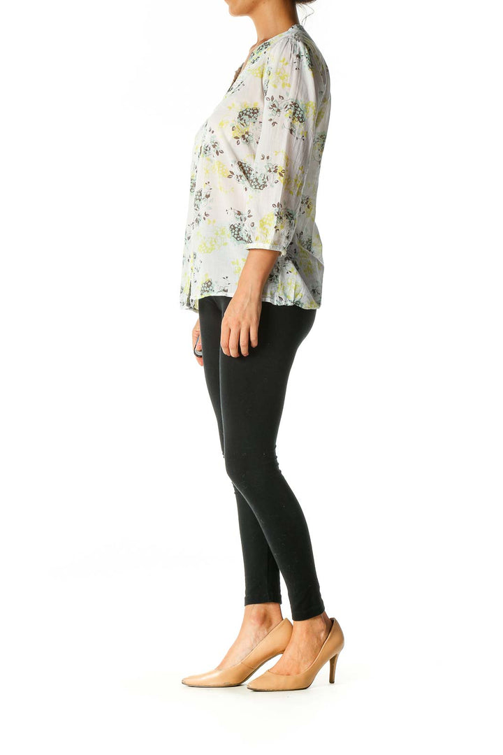 White Floral Print Retro Blouse