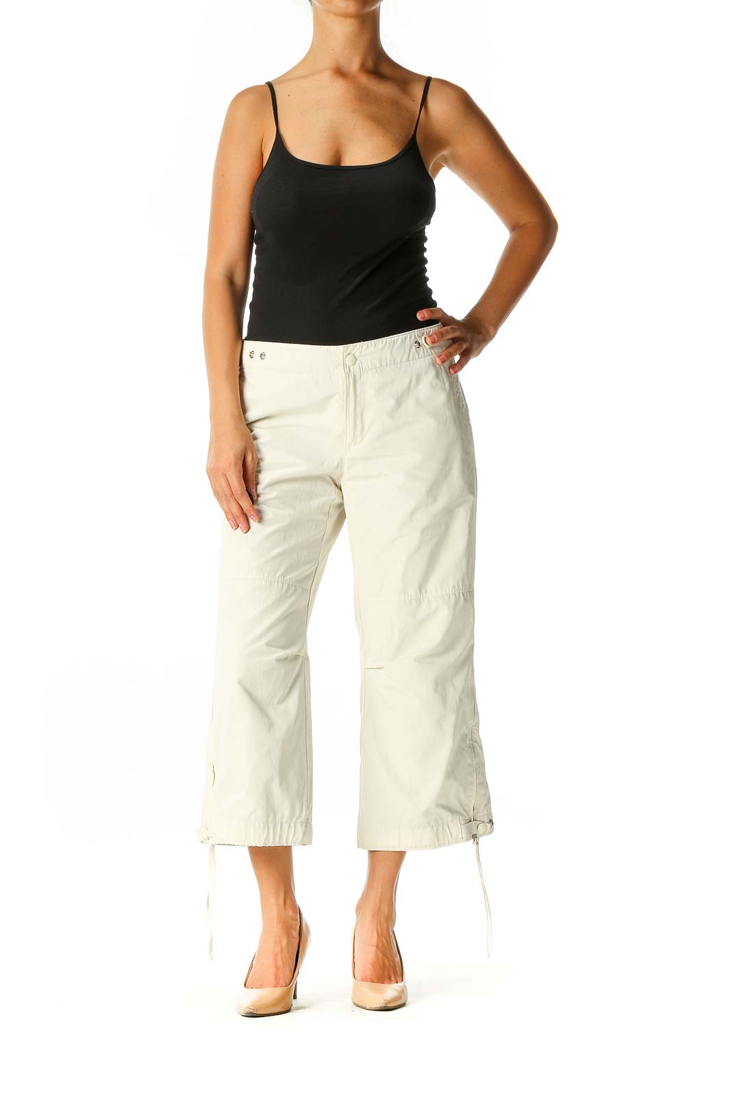 Beige Solid Sporty Capri Pants