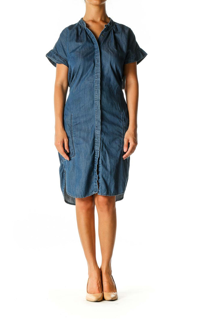 Blue Solid Casual Shift Dress