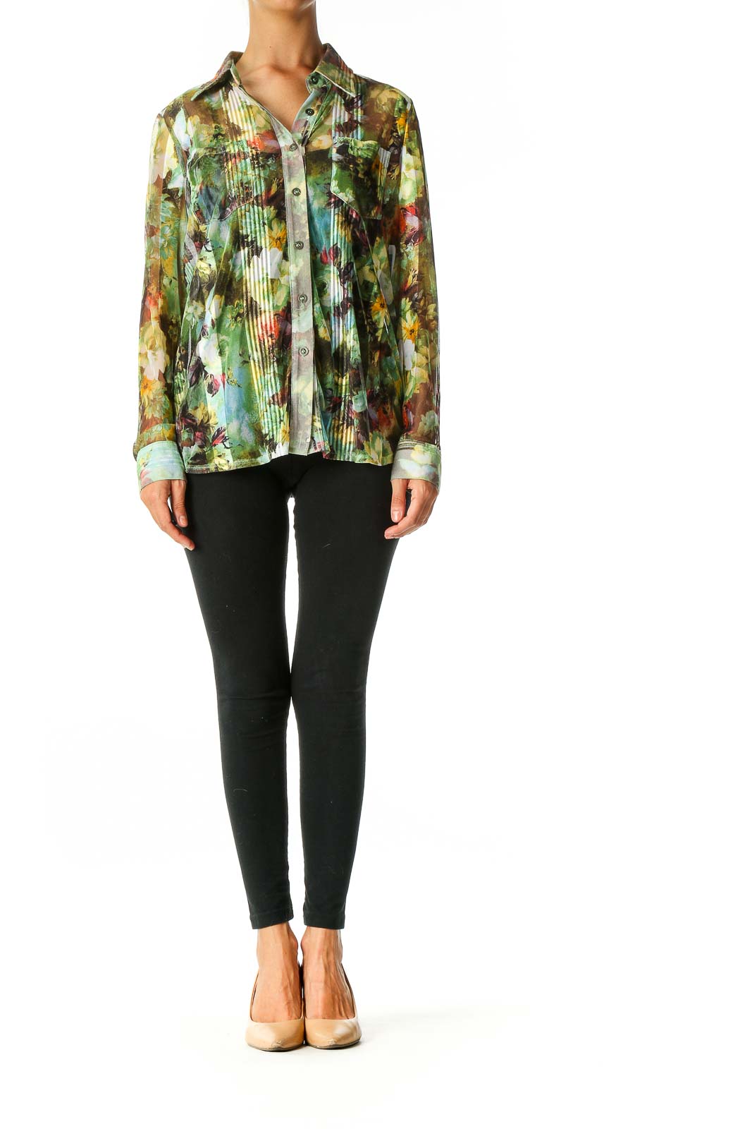 Green Floral Print All Day Wear Shirt