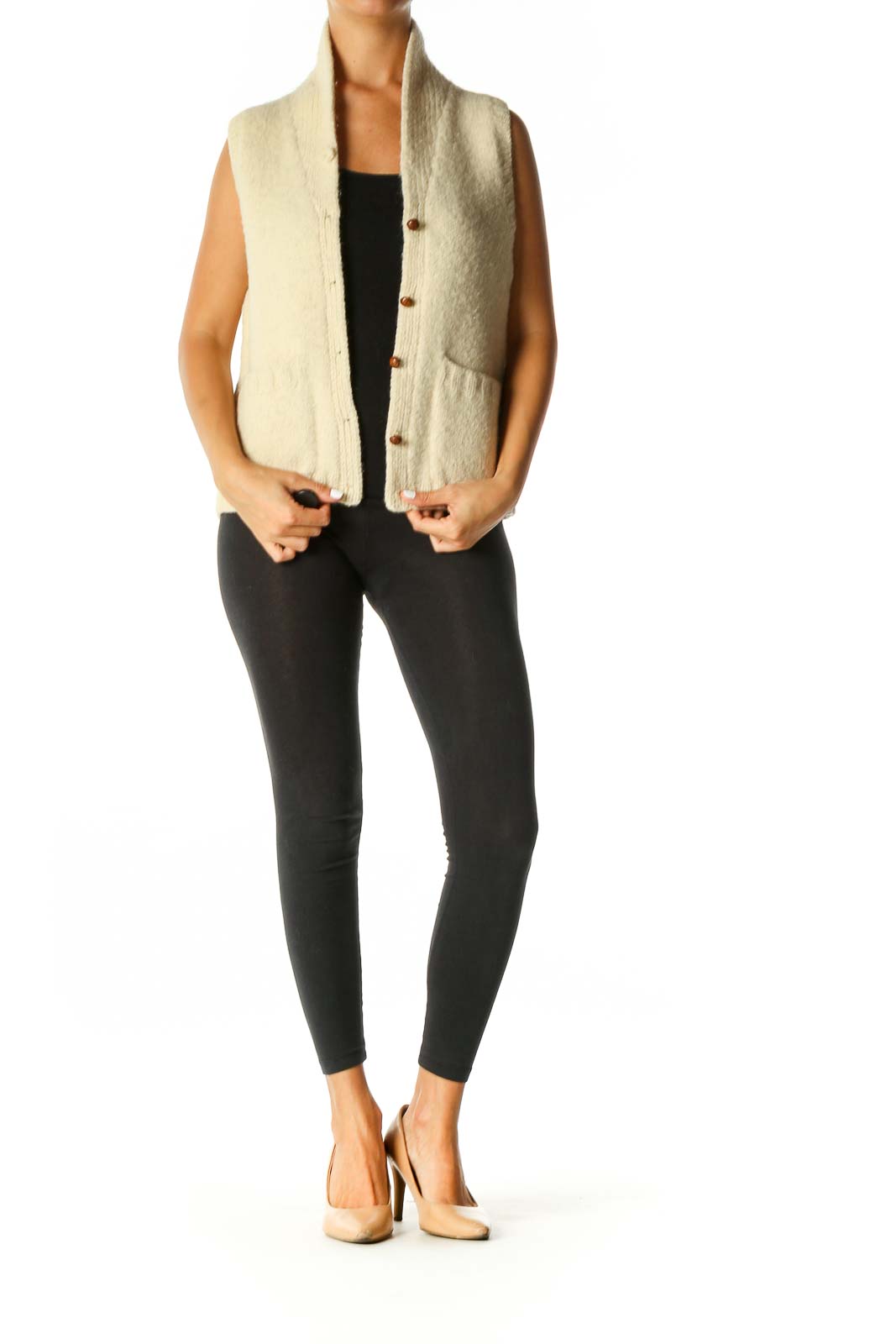 Beige Textured Cardigan Vest