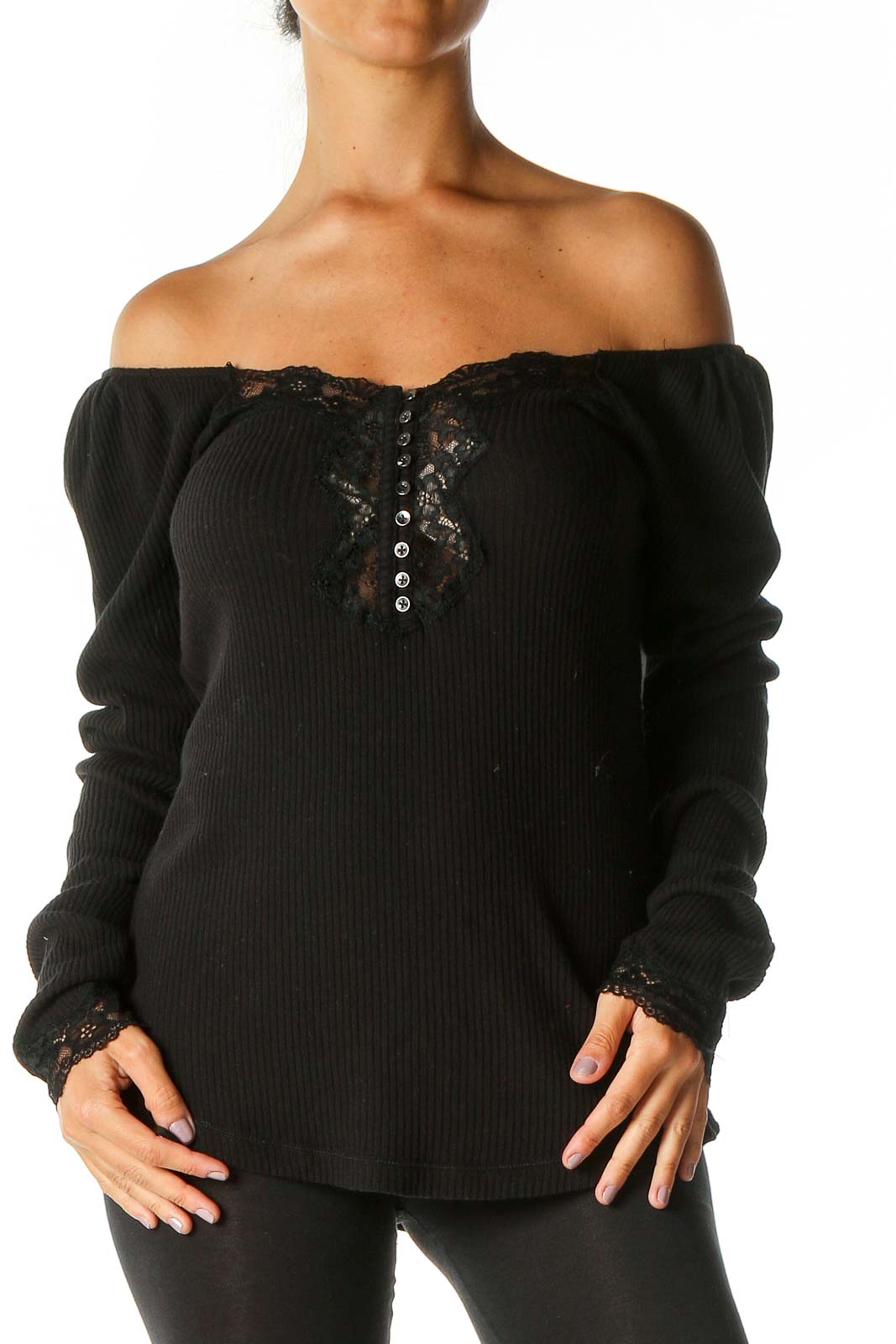 Front view of Free People black off-shoulder thermal top with lace trim