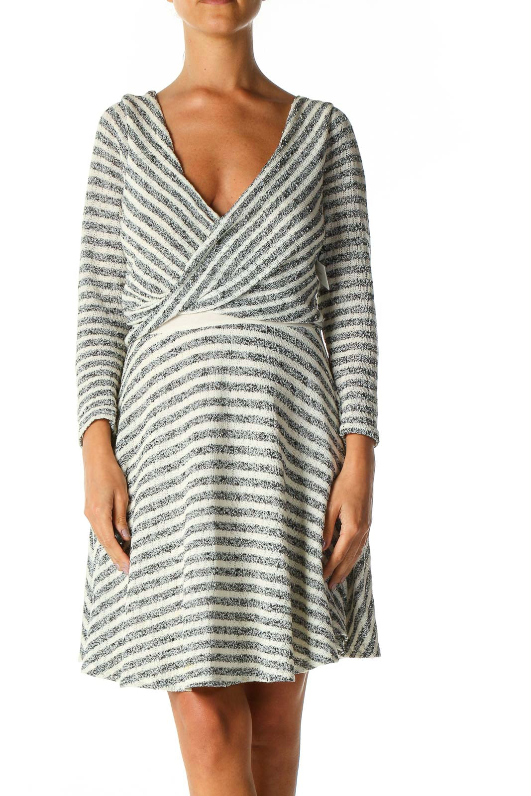 Front view of Free People gray and white striped wrap knit dress