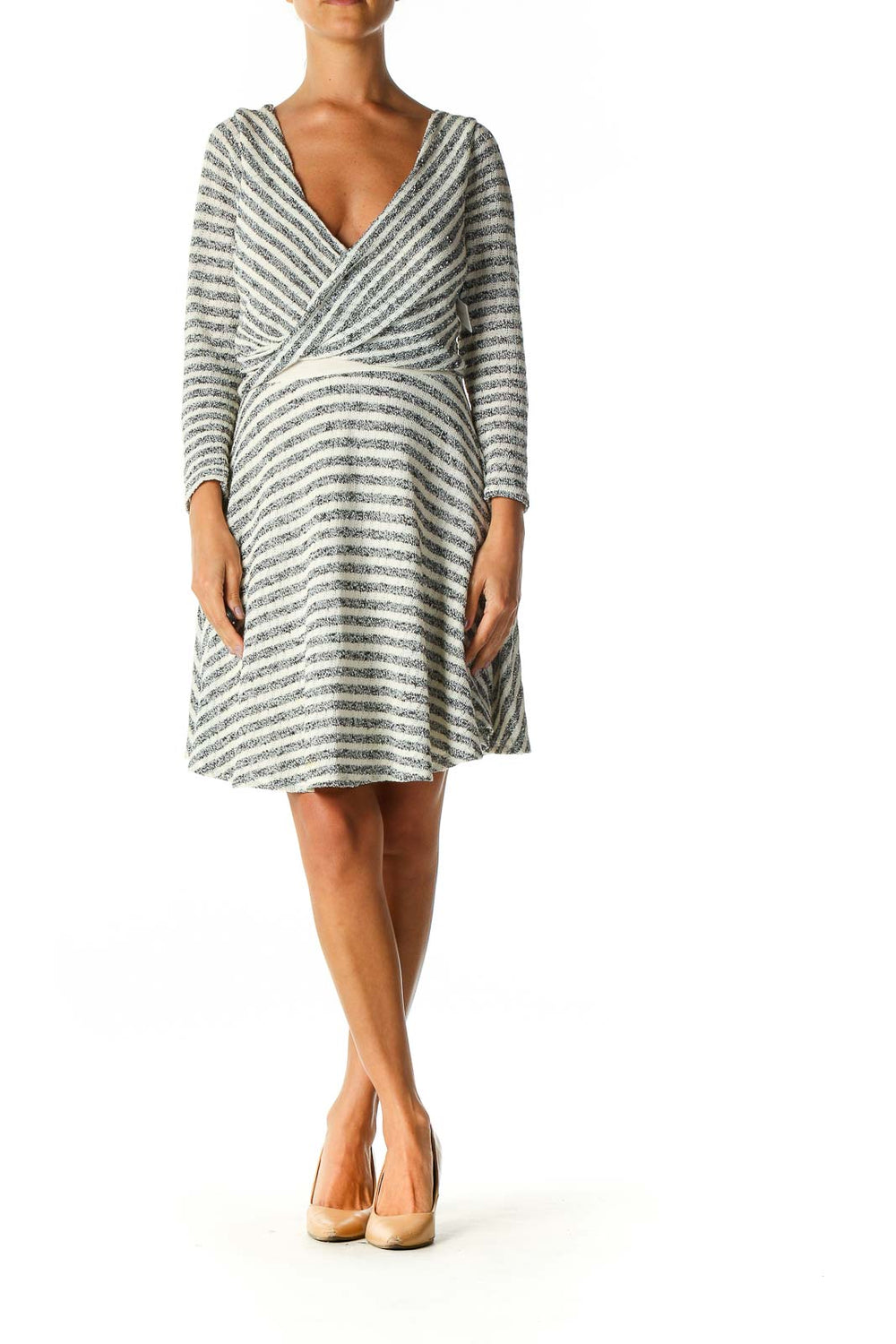 Front view of Free People gray and white striped wrap knit dress