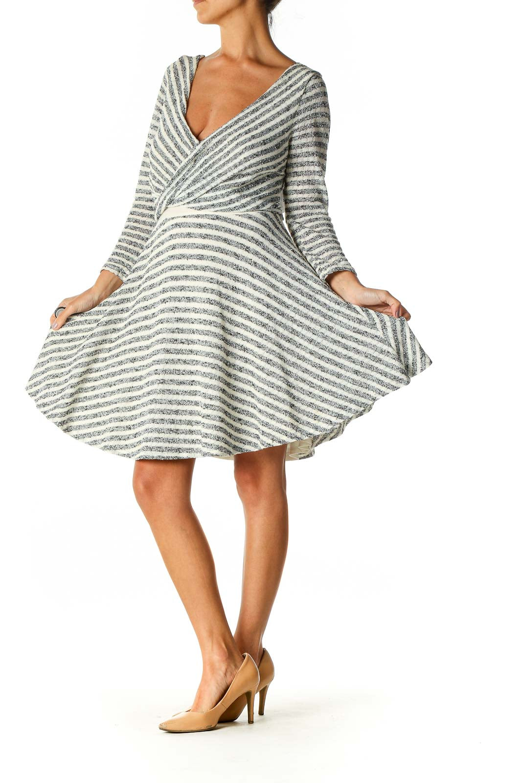 Front view of Free People gray and white striped wrap knit dress