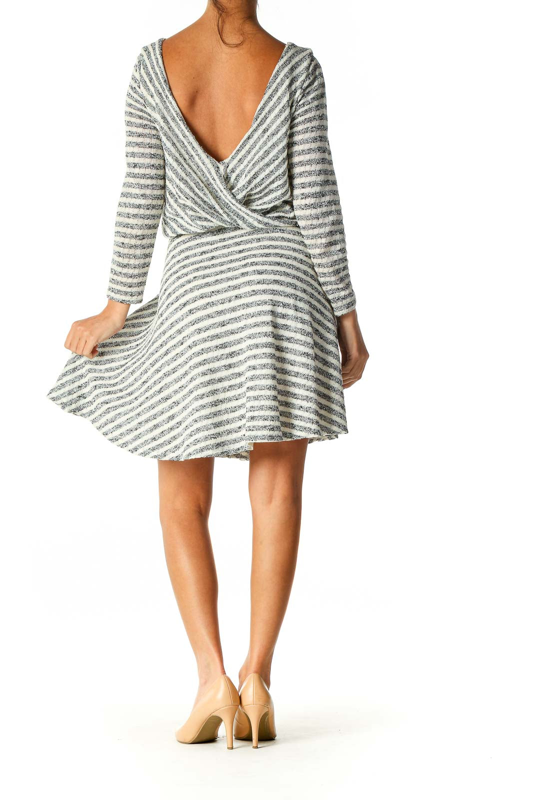 Back view of Free People gray and white striped wrap knit dress