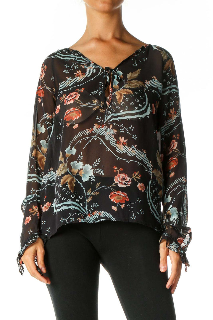 Black Floral Print Retro Blouse