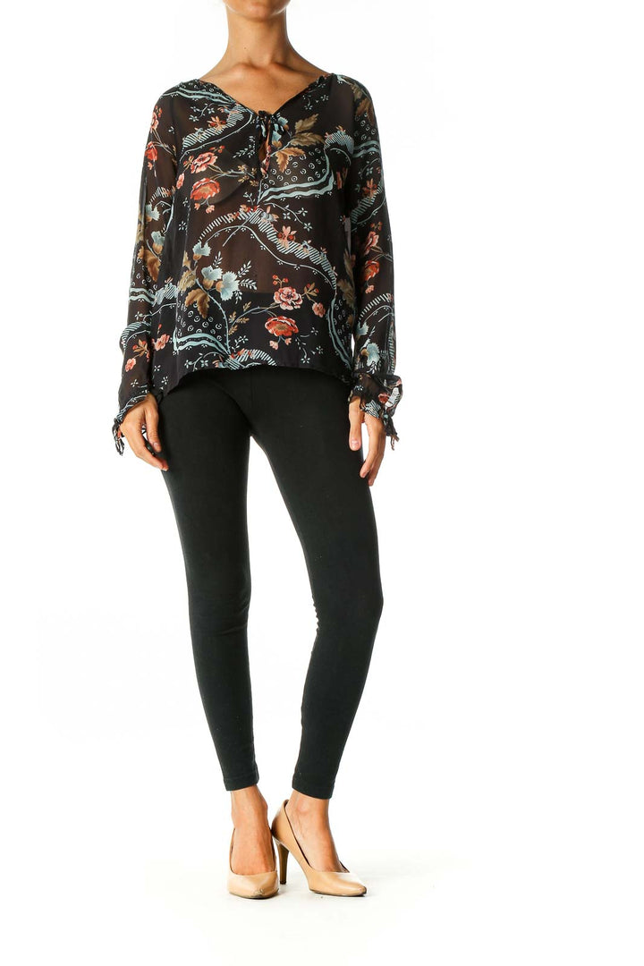 Black Floral Print Retro Blouse