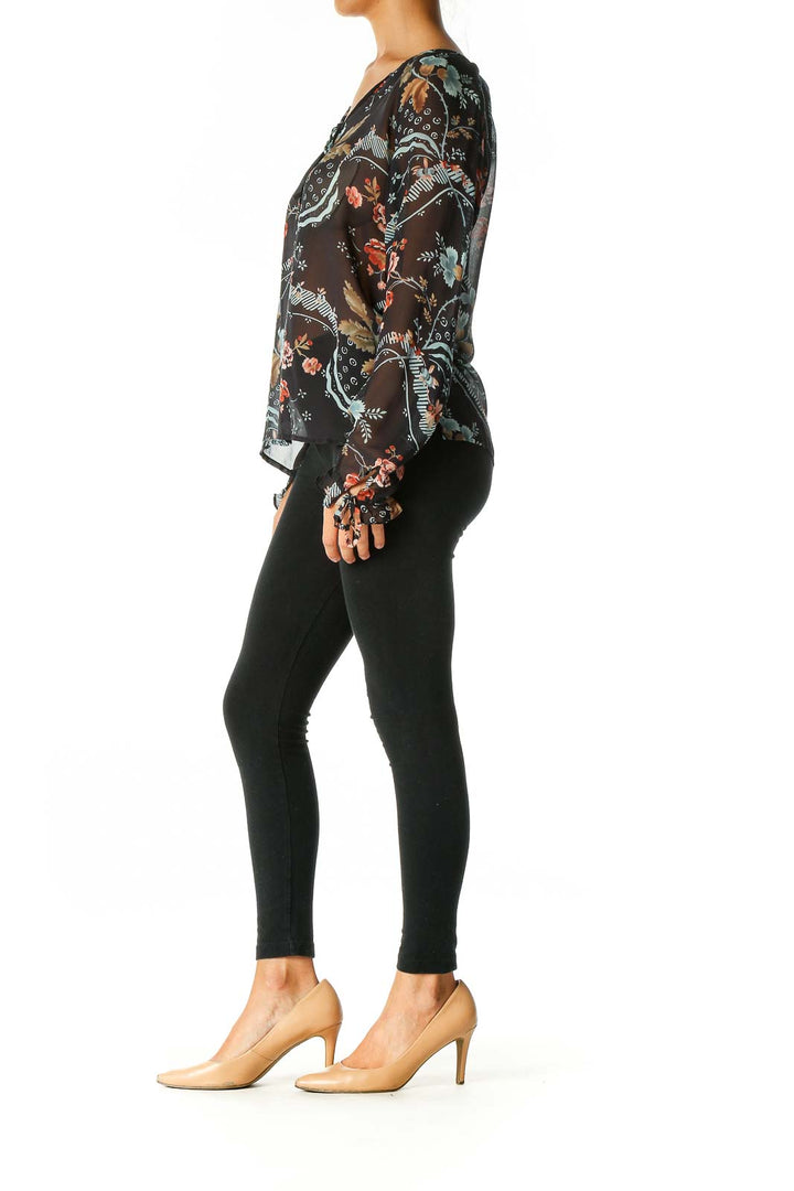 Black Floral Print Retro Blouse