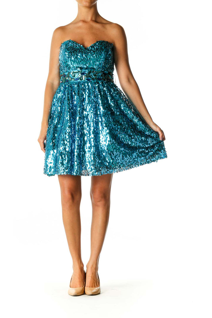 Blue Sequin Cocktail Fit & Flare Dress