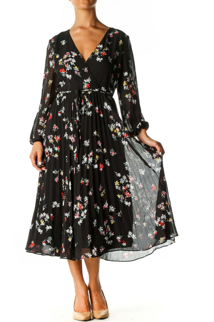 Black Floral Print Holiday A-Line Dress