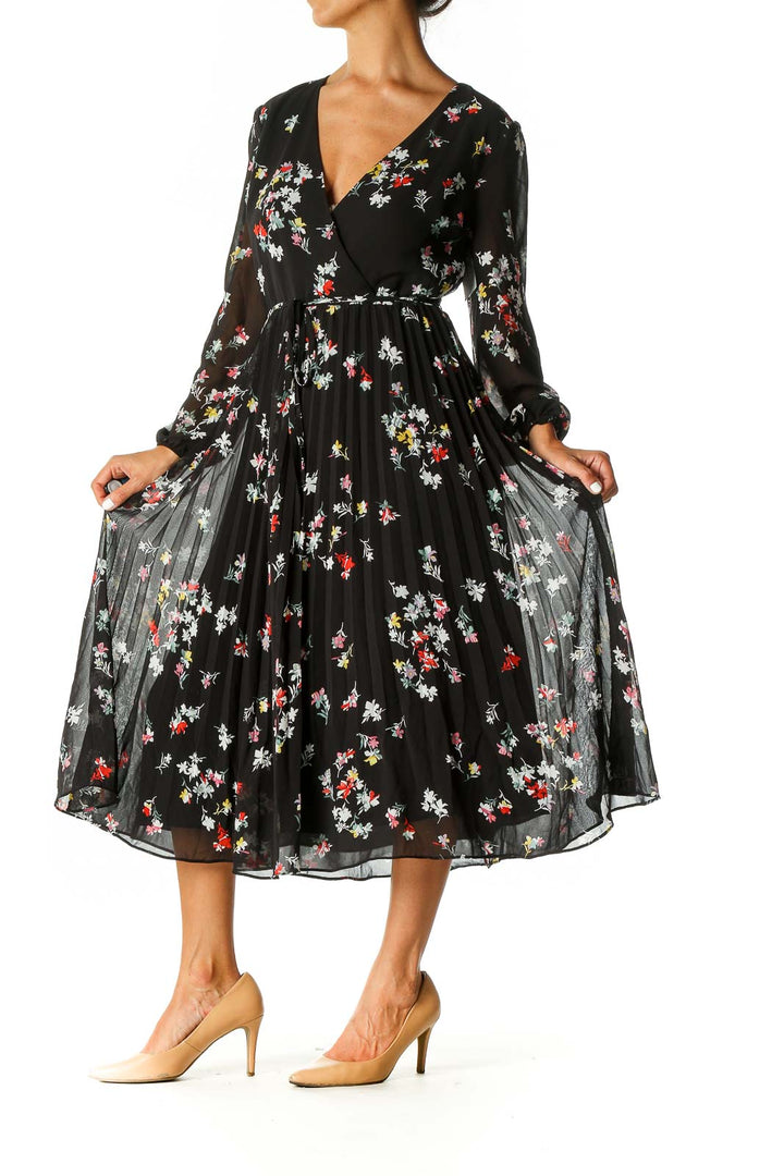 Black Floral Print Holiday A-Line Dress