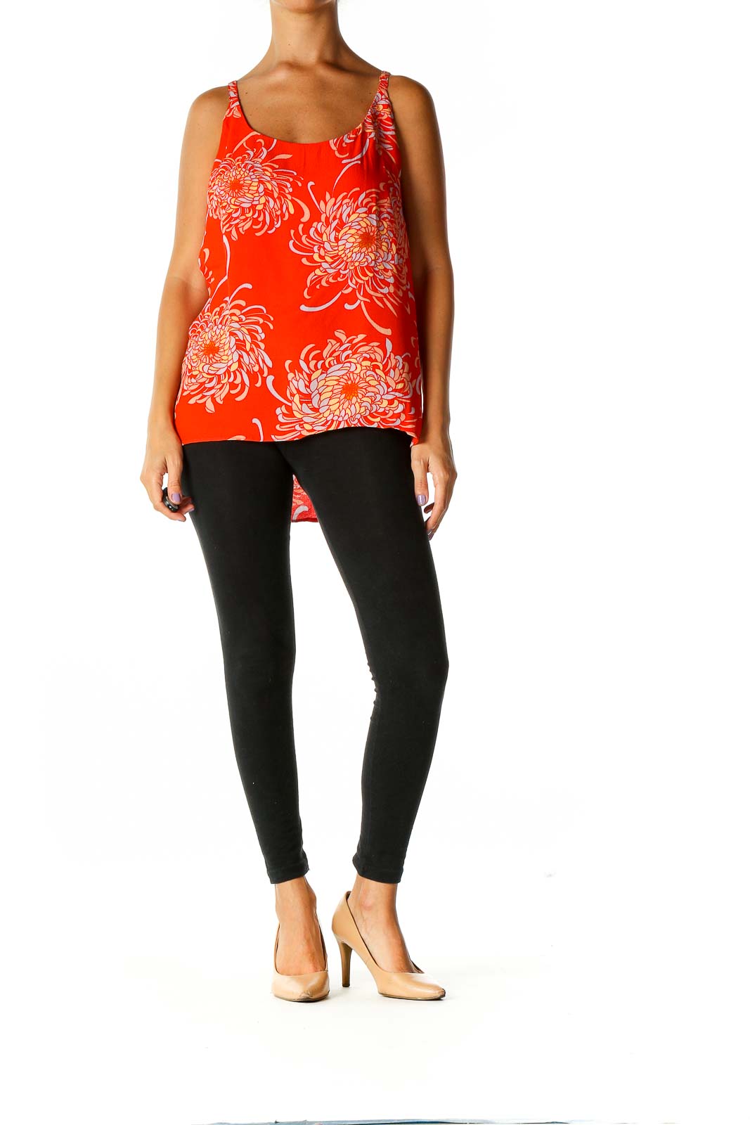 Orange Floral Print Casual Tank Top