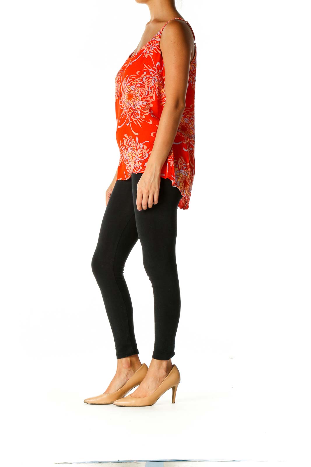 Orange Floral Print Casual Tank Top