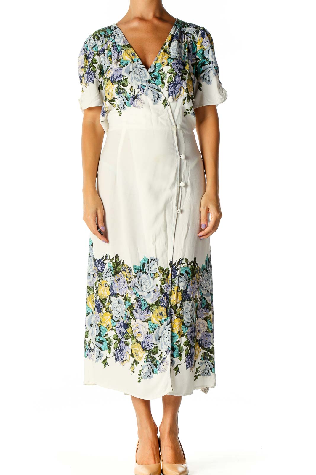 Front view of white floral wrap midi dress from Free People