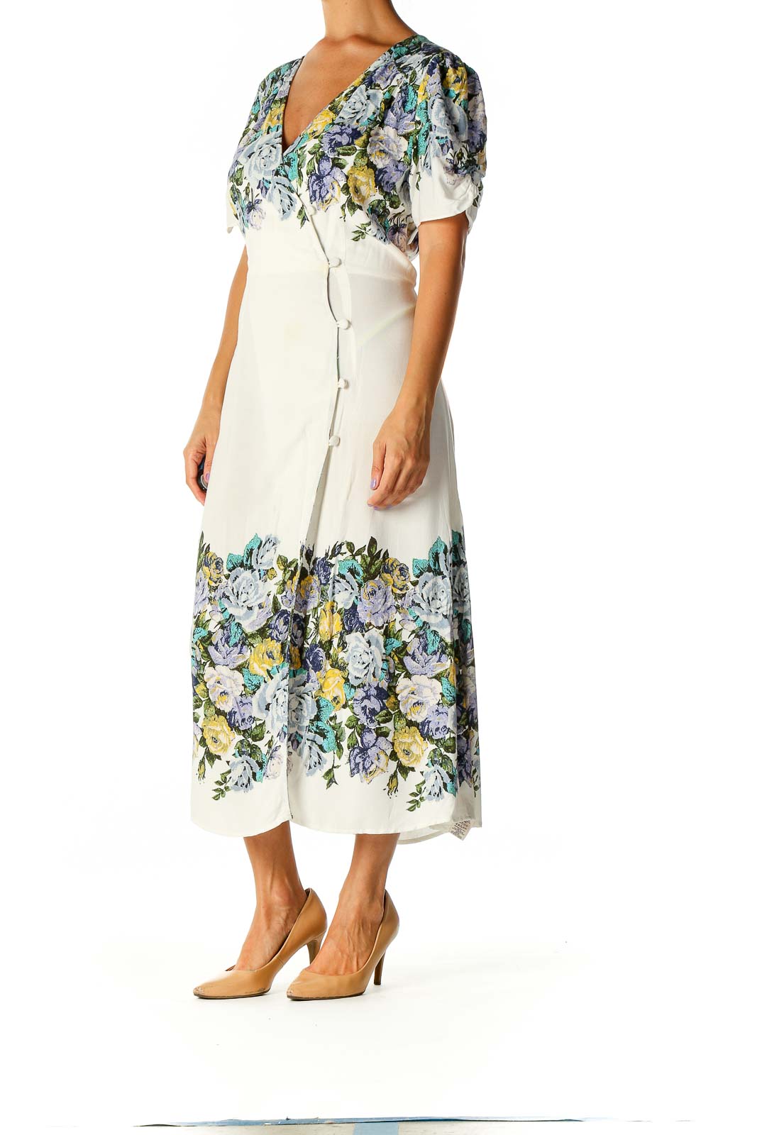 Front view of white floral wrap midi dress from Free People