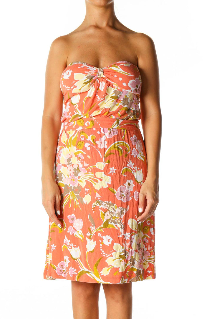 Orange Floral Print Holiday A-Line Dress