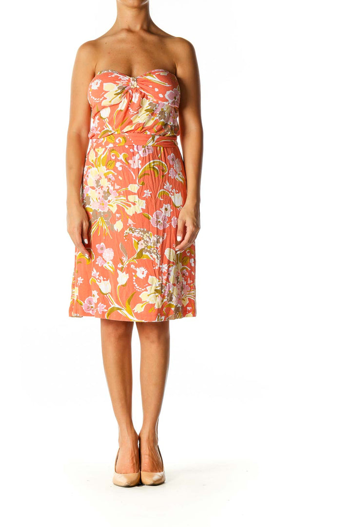 Orange Floral Print Holiday A-Line Dress