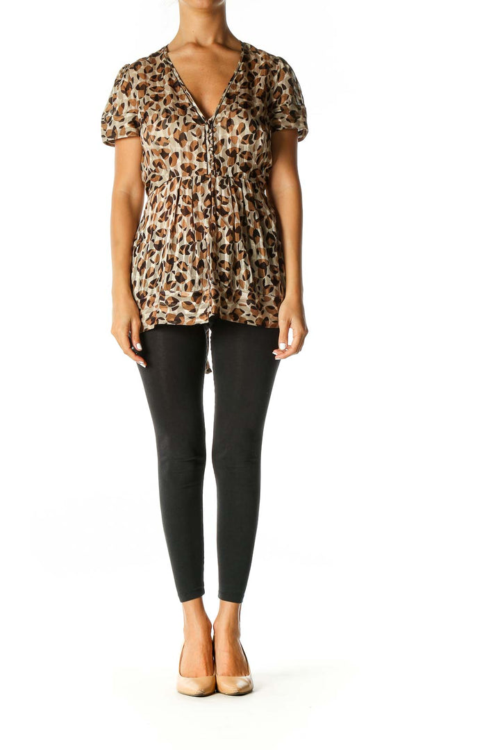 Brown Geometric Print Casual Blouse